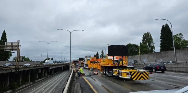 A roadway view of active construction on I-5 through Seattle.