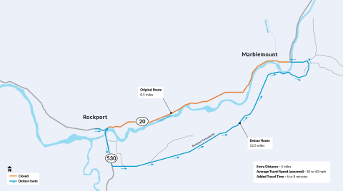 Detour map: SR 20 Olson Creek full road closure at milepost 105