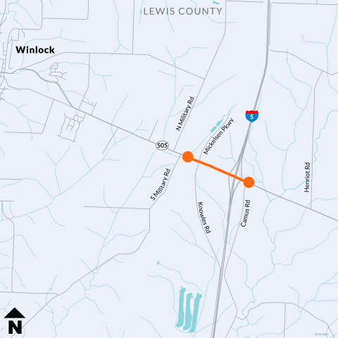 May shows State Route 505 over Interstate 5 at Exit 63, near Winlock in Lewis County, Washington.  