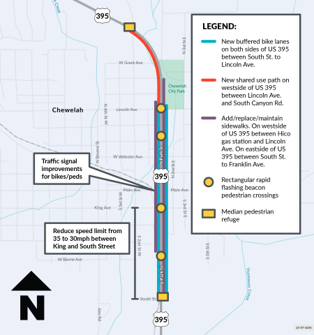 Map of US 395 in Chewelah that outlines proposed complete streets with changes for pedestrians and those who bike, walk or roll.