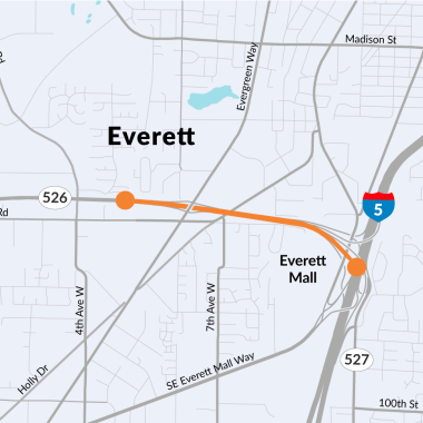 An orange line on a map showing where corridor improvements will be made one SR 526 from just east of 4th Avenue West to I-5.
