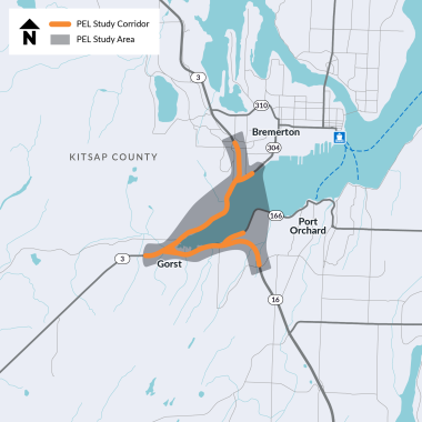 A map of the study are for the SR 3 Gorst Project and Environmental Linkages study. The project includes portions of SR 3, SR 304, SR 16 and SR 166 in and near Gorst.