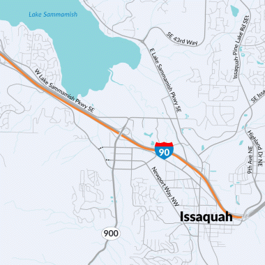 A map showing an orange line on eastbound Interstate 90 from West Lake Sammamish Parkway Southeast to East Sunset Way, where WSDOT crews will pave the eastbound lanes of Interstate 90.