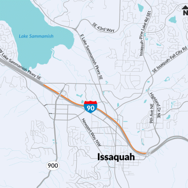 A snapshot of map with an orange line showing  the project limits where roughly 2.5 miles of westbound Interstate 90 from East Sunset Way to State Route 900 will be rehabilitated. 