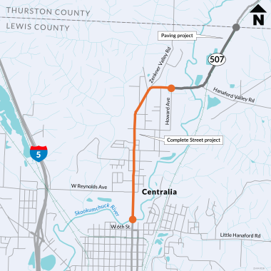 Orange line on State Route 507 in Centralia spanning from W 6th St to Howard Ave showing Complete Streets project area and from Howard Ave onward to Thurston County line. This map is a general overview that shows limited street names. 