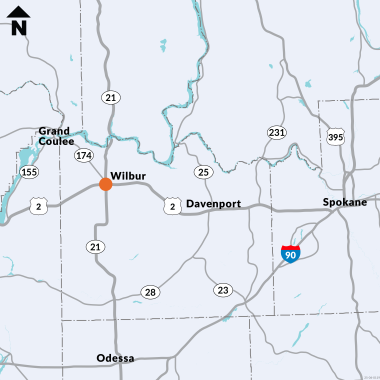 Zoomed out map view locating the Wilbur project limits.