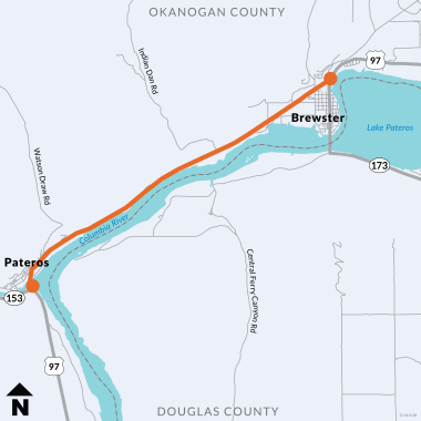 A color map of US97 from Brewster to Pateros, with that stretch of road highlighted in red, from bottom left to top right..