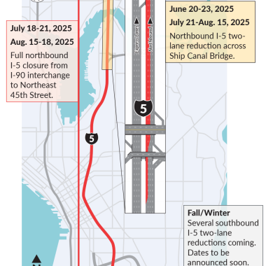 A map showing I-5 from I-90 to Northeast 45th Street in Seattle and where construction will happen in 2025.