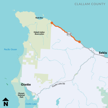 A map of the western Olympic Peninsula. Highlighted is SR 112 from milepost 0 to 7.5 where a paving and preservation project will take place.