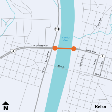 Map showing a bridge crossing the Cowlitz River, connecting W Cowlitz Way and Cowlitz Way in Kelso, with surrounding streets labeled.