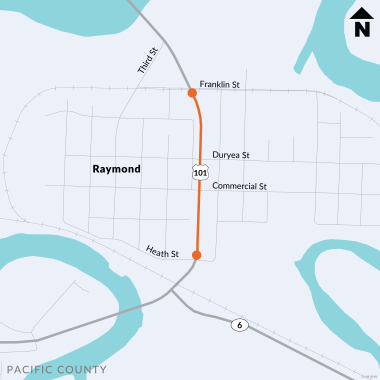 A simplified map of Raymond, highlighting US Route 101 in orange as it passes through the town, intersecting with Franklin, Duryea, Commercial, and Heath Streets.