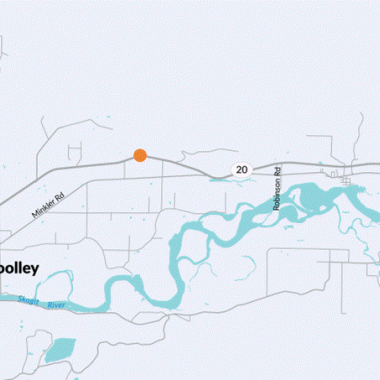 A map with orange dots and an orange line indicating the project area for resurfacing SR 539, from I-5 to Kellogg Road in Bellingham. 