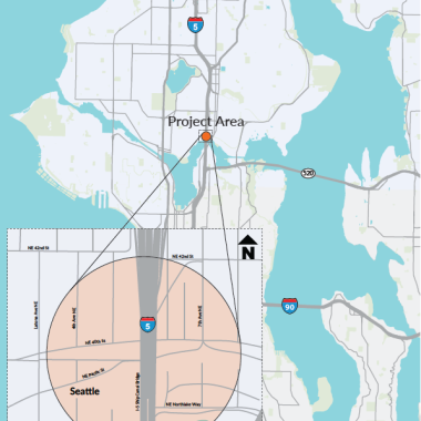 A snapshot of map with an orange line showing  the project limits where a storm water facility will be bueneath the north end of the I-5 Ship Canal Bridge