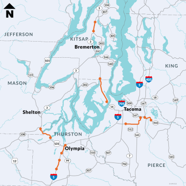 A map of the south Puget Sound region and Kitsap Peninsula with orange lines denoting paving project limits.