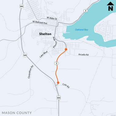 A map of State Route 3 south of Shelton. Two orange circles connected by a line show the study area, which is between Southeast Craig Road and Arcadia Road.