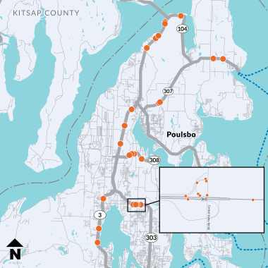 A map of central and north Kitsap Peninsula's state highways. Orange dots show the locations of 29 fish barrier removal projects.