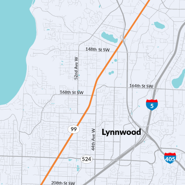 A map of SR 99 highlighting the study area, 212th Street Southwest to Airport Road in Lynnwood.
