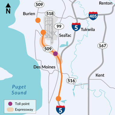 A map showing the cities of Burien, Des Moines, SeaTac, Tukwila and others. Puget Sound is shown in blue. A vertical dark gray line represents I-5. An orange line is laid over the top and veers to the left with a round circle and the name SR 509 in it, showing the route of the new highway and it's ending point near the west side of Seattle-Tacoma International Airport. A purple dot just to the left of I-5 shows where drivers will be tolled.