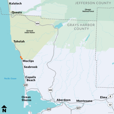 Map of Grays Harbor County with orange dots at either end of an orange line indicating the work zone on SR 109 north of Moclips.