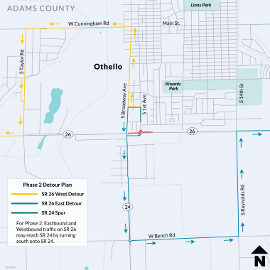 a color map of US 26 showing the future site of a roundabout on SR 26 and the detours that will be utilized during its construction.