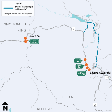 Map showing the project area from the Stevens Pass east to Coles Corner and southeast to Leavenworth.