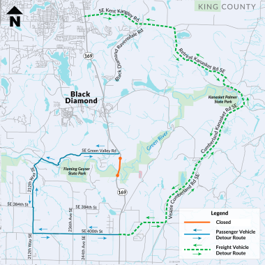 A map showing the location of the SR 169 Green River Dan Evans Bridge, as well as the passenger and freight vehicle detours.