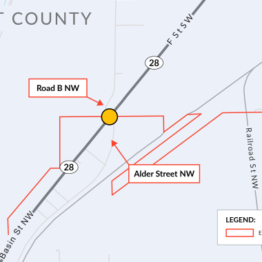 a color map of SR 28 in Ephrata, Grant County, which shows with a yellow dot the future location of a roundabout. The line representing SR 28 goes from bottom left to top center. 