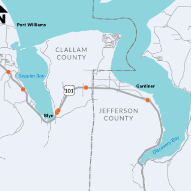 A map of US 101 in Jefferson and Clallam counties showing six orange dots that mark the location of fish passage projects.