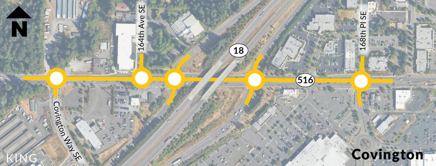 A map of the study area on SR 516 showing a series of five roundabouts at key intersections -- Covington Way Southeast, 164th Avenue Southeast, the SR 18 off- and on-ramps, and at 168th Places Southeast. 
