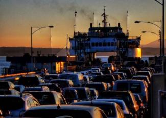 Fauntleroy Terminal on a busy Friday with many cars lined up to board a ferry