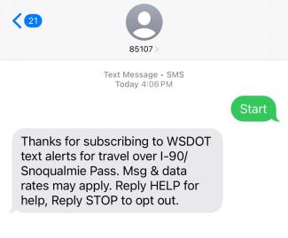 A screenshot of an iPhone message screen. The message from the sender reads "START" the reply is confirming that they just signed up for text alerts from WSDOT.