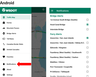 A screenshot showing how to sign up for WSDOT app notifications on an Android. Select the notification bell in the main menu and toggle notifications on and off.