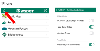 A screenshot showing how to sign up for WSDOT app notifications on an iPhone. Select the notification bell in the top right corner and toggle notifications on and off.
