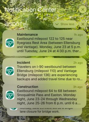 An iPhone screen showing several push notifications from WSDOT.