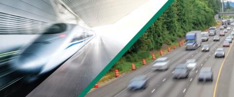 High-speed rail train next to image of a congested part of I-5 in Washington.