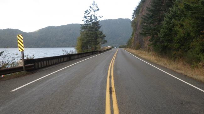 Present day US 101(the historic  Lake Crescent Highway) crossing Half-Bridge.