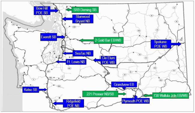 A map showing the various e-screening locations in Washington state