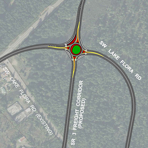 A map shows a roundabout connecting the new SR 3 freight corridor in Belfair with southwest Lake Flora Road in Kitsap County.