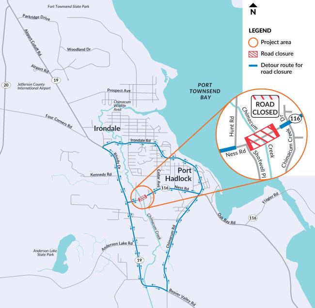 A map of Port Hadlock and Irondale. A blue line shows a detour around a closure on State Route 116. The detour takes travelers onto Irondale Road, Chimacum Road and SR 19.