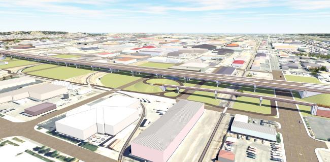 This is an aerial view of the new Wapato Way East Bridge over I-5 in Fife and the connecting SR 99 roundabout.