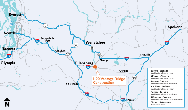 Washington state map highlighting I-90 Vantage Bridge construction with impacted travel times.