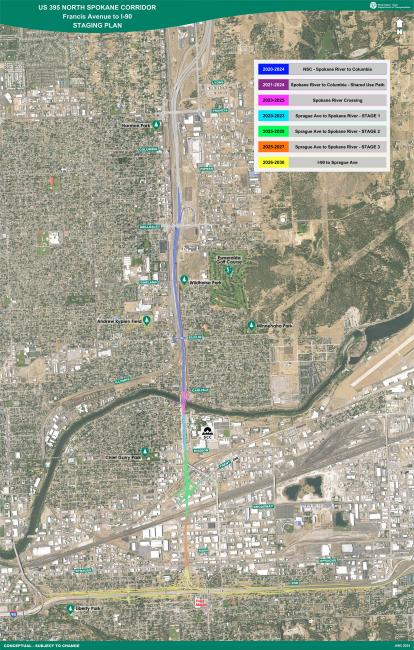 A construction staging map of the North Spokane Corridor between Wellesley Avenue and Interstate 90.