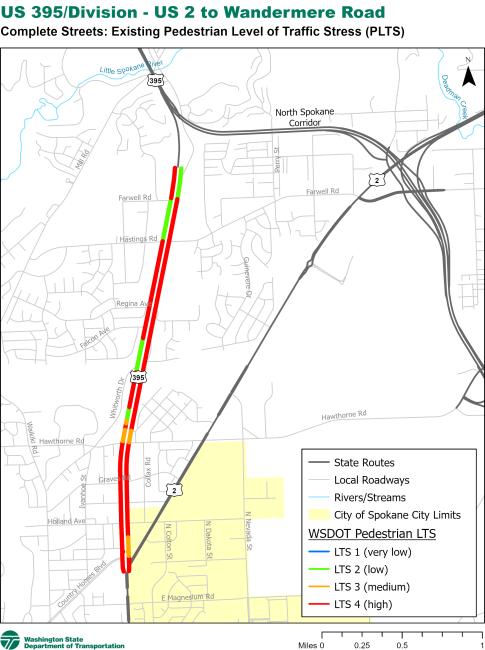 US 395 Division Wye to Wandermere existing level of traffic stress for pedestrians.