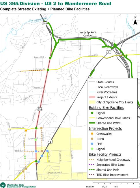 US 395 Division Wye to Wandermere Road exisiting and planned bike and pedestrian facilities.