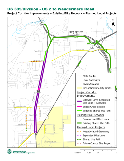 The image is a map detailing the US 395/Division - US 2 to Wandermere Road. It outlines project corridor improvements, existing bike networks, and planned local projects in the area. Key features include state routes marked with solid gray lines, local roadways in lighter gray, and rivers/streams in blue with the Little Spokane River and Doerner Creek marked on the map. The city limits of Spokane are shaded in light yellow.