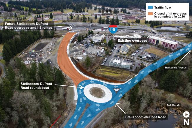 Overhead map of future Steilacoom-DuPont Road I-5 overpass and new roundabout. Portion of new roundabout will remain closed until new overpass is complete in 2026. 