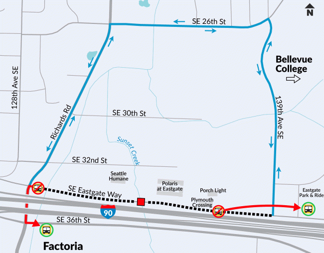 A map showing the detour route during a six-month road closure on Southeast Eastgate Way in Bellevue, Washington