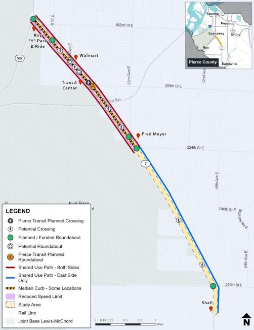 A graphic that show a long-term vision for State Route 7 between 208th Street and 267th Street in Pierce County. The long-term vision includes a shared-use path on both sides of the highway and more crossings.