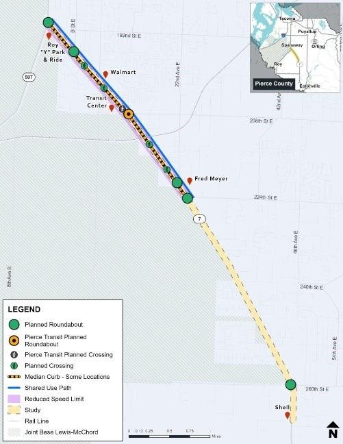 A graphic that shows projects heading into design along State Route 7 in southern Pierce County. The map shows a shared-use path running along the eastern side of the highway. It also shows five roundabouts and new highway crossings.