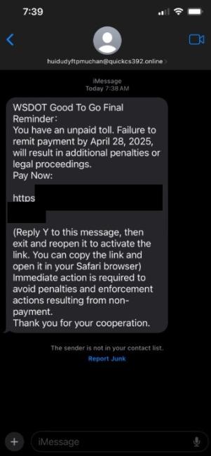 A screenshot of a scam text claiming you have an unpaid bill and linking to a fake website. The fake URL is obscured